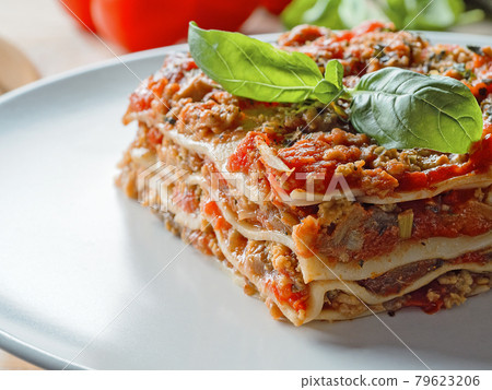 Extra close up view to piece of lasagna. Dish Extra close up view to piece of lasagna. Dish 79623206