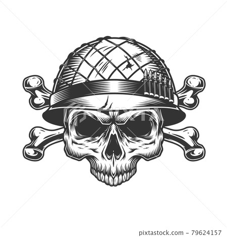 Vintage monochrome soldier skull in helmet 79624157