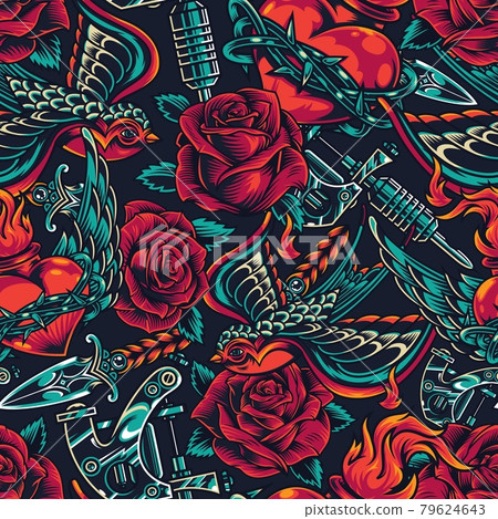 Vintage flash tattoos designs seamless pattern Vintage flash tattoos designs seamless pattern 79624643