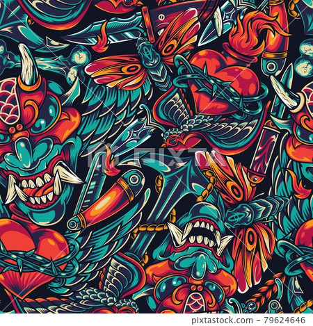 Vintage tattoos colorful seamless pattern Vintage tattoos colorful seamless pattern 79624646
