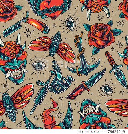 Vintage colorful tattoos seamless pattern Vintage colorful tattoos seamless pattern 79624649