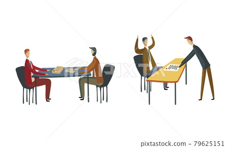 Business Meeting of Entrepreneur and Worker in Office Discussing Plan and Strategy of Company Vector Set 79625151