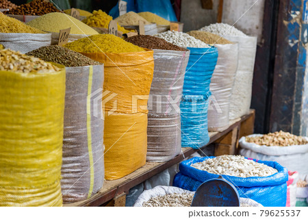 Grain, noodles on a traditional Moroccan market. 79625537