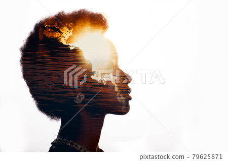 Multiple exposure image with sunrise and sea inside woman silhouette. Psychology and mindset concept Multiple exposure image with sunrise and sea inside woman silhouette. Psychology and mindset concept 79625871