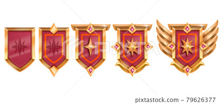 Golden game badge, vector rank medal award set, medieval level up shield achievement, red crystal 79626377