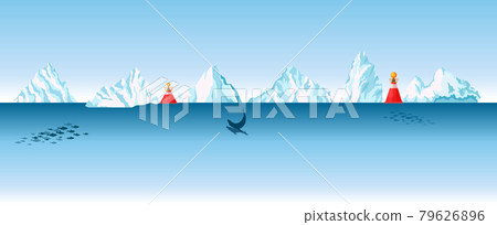 Ocean with Icebergs and Whales Cross Section View, Arctic or Antarctic Sea with Buoys Float on Water Surface, North Pole Ocean with Icebergs and Whales Cross Section View, Arctic or Antarctic Sea with Buoys Float on Water Surface, North Pole 79626896