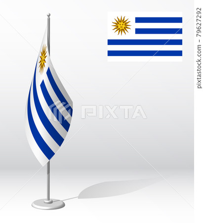 Uruguay flag on flagpole for registration of solemn event, meeting foreign guests. National independence day of Uruguay. Realistic 3D vector on white Uruguay flag on flagpole for registration of solemn event, meeting foreign guests. National independence day of Uruguay. Realistic 3D vector on white 79627292