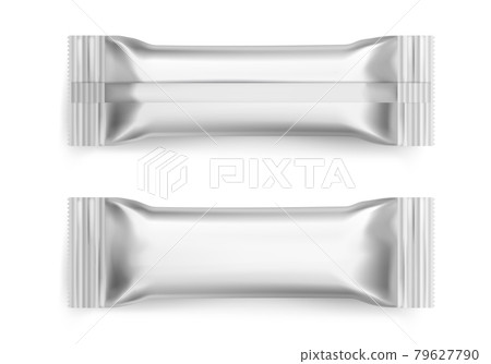 Sachet. Realistic white sugar packet. 3D blank foil packaging mockup for branding. Snacks packages. View from front and back sides on candy metallic wrapper. Vector packing template 79627790