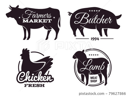 Butchery shop labels with domestic animals silhouettes. Meat store emblems design template. Selling beef and pork, chicken and lamb products. Vector farmers food market black banners set 79627866