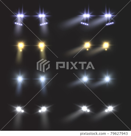 Headlights car. Realistic round bright vehicle front lamps. Light flares and blur shadows effect. Automobile glow beams in night. Driving transport in dark. Vector auto spotlight set 79627943
