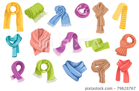 Set of Kerchiefs for Men and Women, Different Scarves Fashioned Clothing Isolated on White Background. Colorful Shawls Set of Kerchiefs for Men and Women, Different Scarves Fashioned Clothing Isolated on White Background. Colorful Shawls 79628767