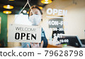 Asian female restaurant owner wear face mask, flip open sign at shop's door 79628798