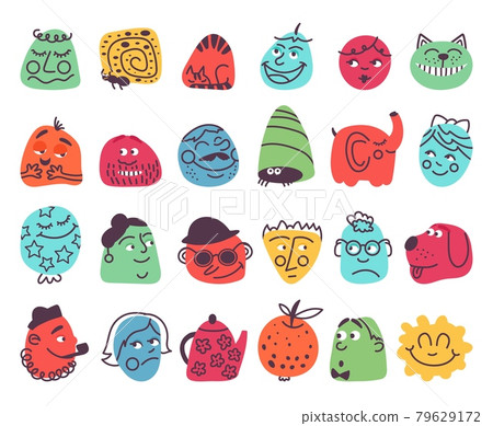Abstract emotional faces. Friend face avatars, negative happy drawn expressions. Smile people, isolated doodle trendy decent vector characters 79629172
