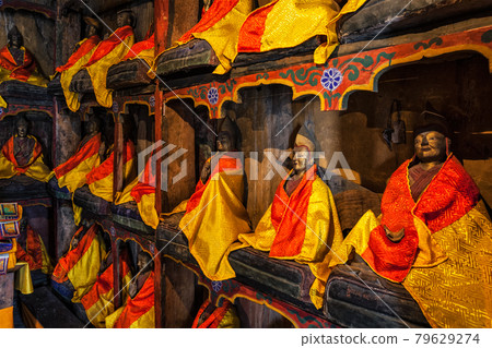 Lama statues in library of Thiksey Gompa Tibetan Buddhist Monastery. Ladakh, India 79629274