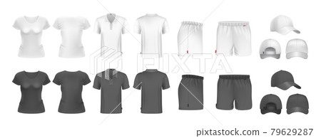 Realistic sport uniform mockup. Male female t-shirt shorts and caps. Black and white sportsmen wear. Isolated undershirt and underpants vector set Realistic sport uniform mockup. Male female t-shirt shorts and caps. Black and white sportsmen wear. Isolated undershirt and underpants vector set 79629287