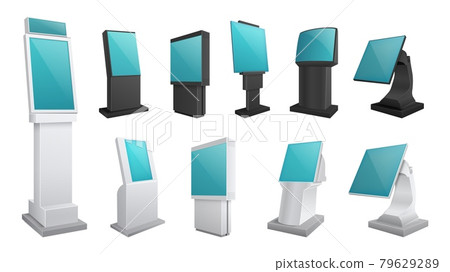 Realistic kiosk screen. Display mockup, touch digital stands. Payments or electronic ad boards. Isolated interactive touchscreen monitor vector set Realistic kiosk screen. Display mockup, touch digital stands. Payments or electronic ad boards. Isolated interactive touchscreen monitor vector set 79629289