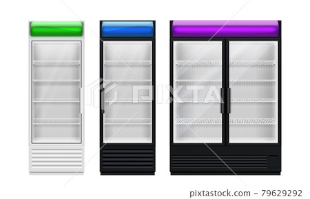 Realistic empty fridge. Store fridges, freezer displays for drinks food snacks. Isolated 3d supermarket equipment vector template 79629292