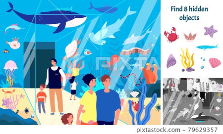 Find hidden objects. Puzzle game kids with fish in aquarium. Underwater fun brain teaser looking different items. Oceanarium sea vector picture 79629357