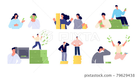 Wage inequality. Woman man salary gap, corporate working. Businesswoman compare pay. Income coins money, flat finance growth utter vector set 79629438