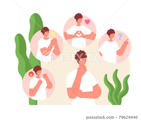 Different feelings. Woman emotions, tired emotional girl. Feelings control, confused emotionally female face. Change behavior utter vector concept Different feelings. Woman emotions, tired emotional girl. Feelings control, confused emotionally female face. Change behavior utter vector concept 79629440