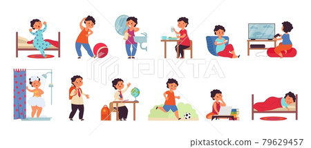 Boy daily activities. Activity child, day schedule young guy. Isolated active kid morning, hygiene and study. Person routine decent vector scenes 79629457