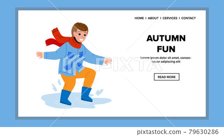 Autumn Fun Jumping On Puddle Boy Child Vector 79630286