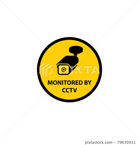 Round yellow sticker with warning about control of premises or area by cctv. 79630911