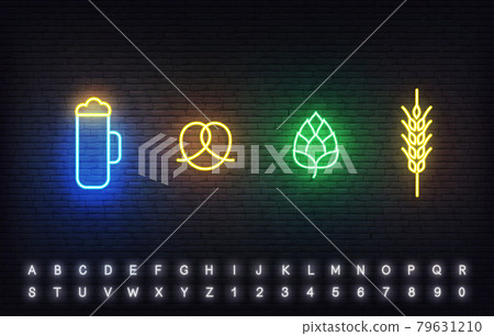 Oktoberfest neon icons template. Bright sign of beer glass, pretzel, hop and wheat ear for Oktoberfest 79631210