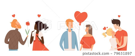 Multicultural couple in love. People hugging, kisses characters. Family, boyfriend hug girlfriend vector characters 79631897