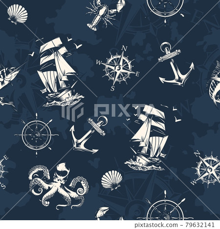 Vintage sea and nautical seamless pattern Vintage sea and nautical seamless pattern 79632141