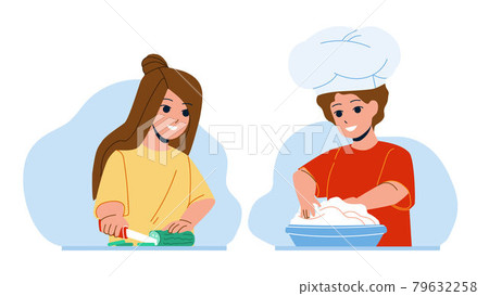 Kids Cooking Salad And Dessert Together Vector 79632258