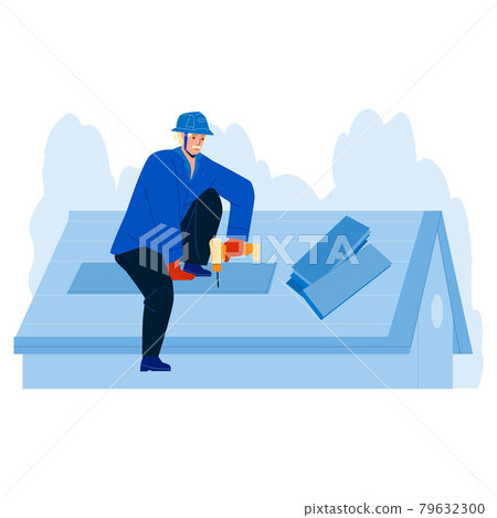 Roofer Installing Wooden Or Bitumen Shingle Vector Roofer Installing Wooden Or Bitumen Shingle Vector 79632300