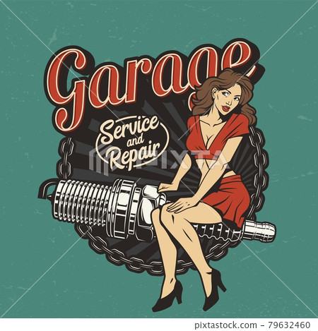 Vintage car repair service colorful label 79632460