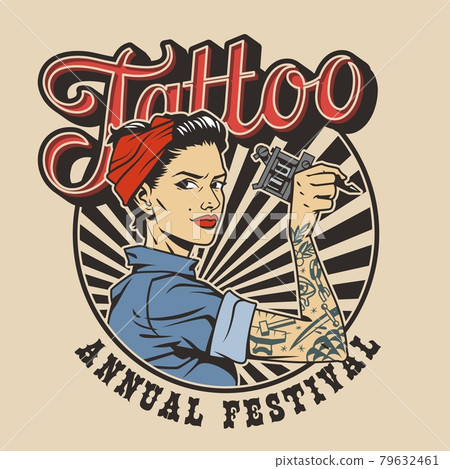 Vintage colorful tattoo festival label 79632461