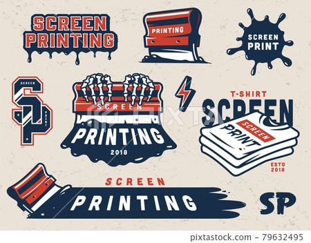 Vintage screen printing colorful elements set 79632495