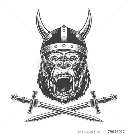 Vintage monochrome ferocious gorilla head 79632952
