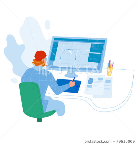 Designer Working On New Project At Computer Vector - Stock Illustration ...