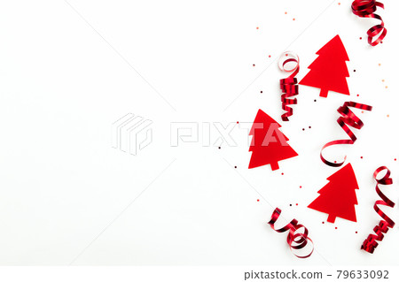 Christmas trees with red ribbons and glitter stars on white background Christmas trees with red ribbons and glitter stars on white background 79633092