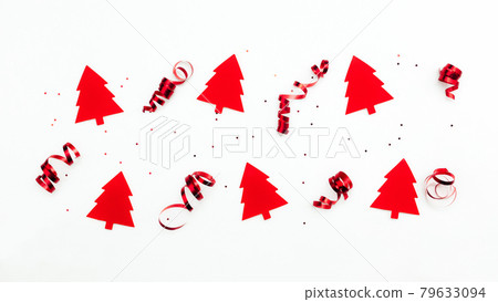 Christmas trees with red ribbons and glitter stars on white background Christmas trees with red ribbons and glitter stars on white background 79633094
