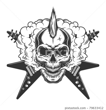 Vintage rock musician skull with mohawk Vintage rock musician skull with mohawk 79633412