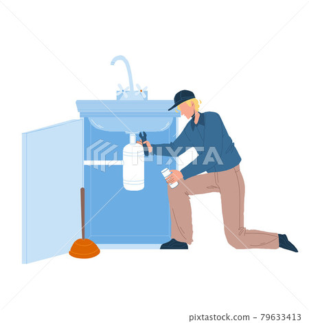Plumber In Working Overall Fixing Sink Vector Plumber In Working Overall Fixing Sink Vector 79633413