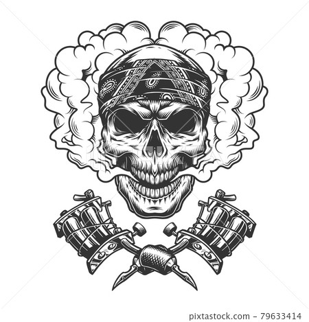 Vintage tattoo master skull in cloud Vintage tattoo master skull in cloud 79633414