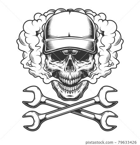 Vintage monochrome skull wearing baseball cap 79633426