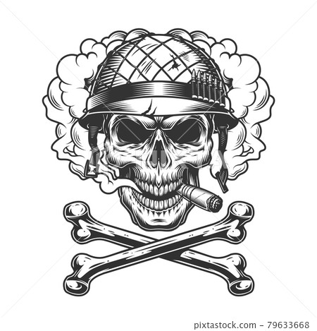 Vintage monochrome skull wearing soldier helmet 79633668