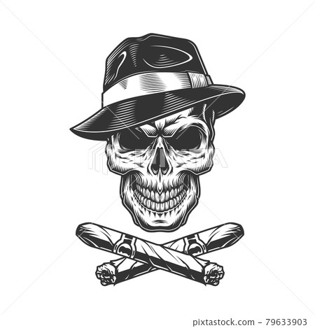 Vintage gangster skull in fedora hat Vintage gangster skull in fedora hat 79633903