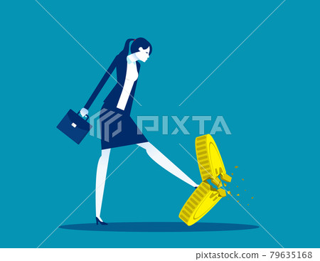 A businesswoman kicking a coin. Worthless coins 79635168