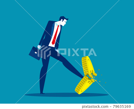 A businessman kicking a coin. Worthless coins 79635169
