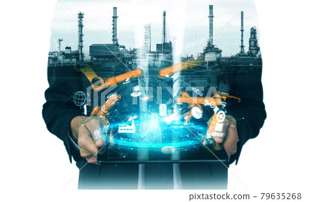 Mechanized industry robot arm and factory worker double exposure 79635268