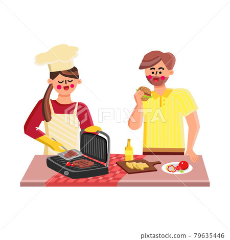 Indoor Grill Fry Meat Girl And Boy Together Vector Indoor Grill Fry Meat Girl And Boy Together Vector 79635446
