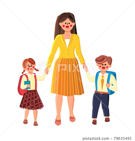 Go To School, Woman Lead Pupil Boy And Girl Vector Go To School, Woman Lead Pupil Boy And Girl Vector 79635491